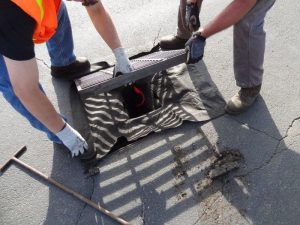 the storm grate being put back into place to hold the storm drain filter in place